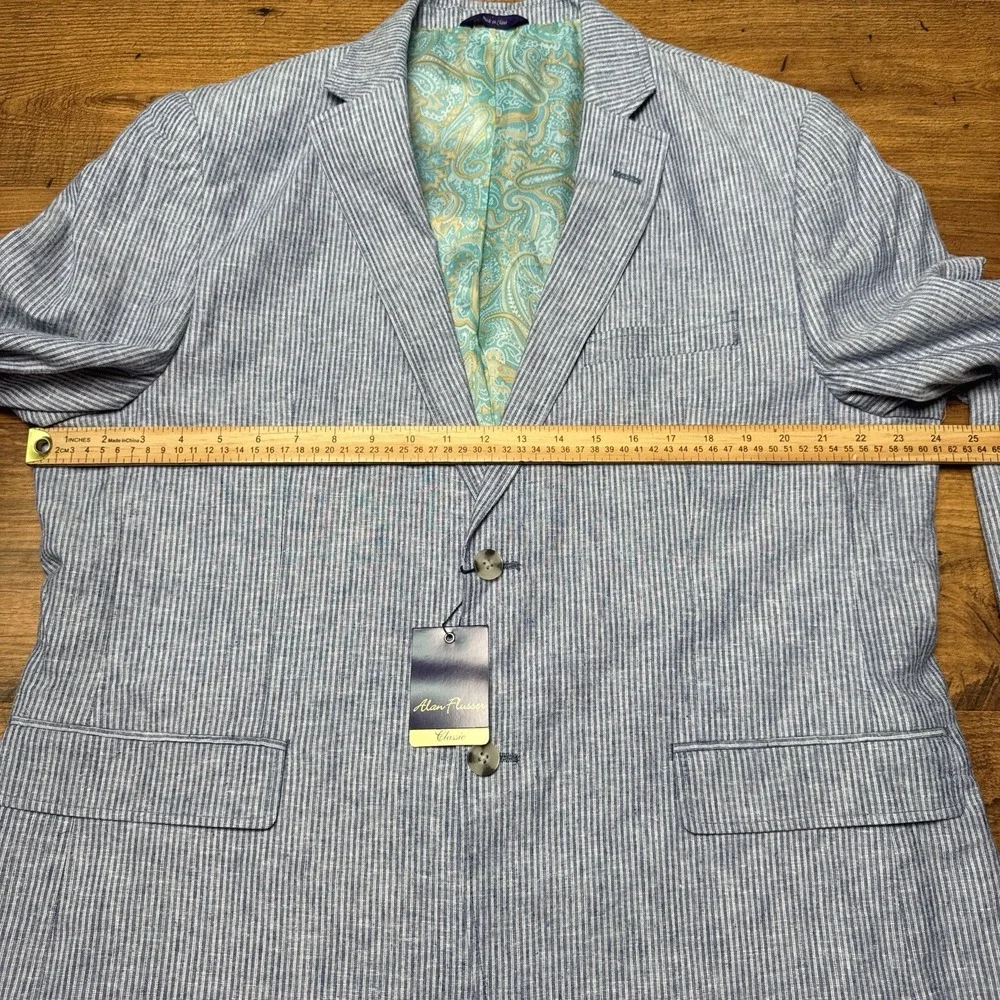 NEW Alan‎ Flusser XL Blue White Striped Linen Blend Blazer Jacket Preppy Paisley